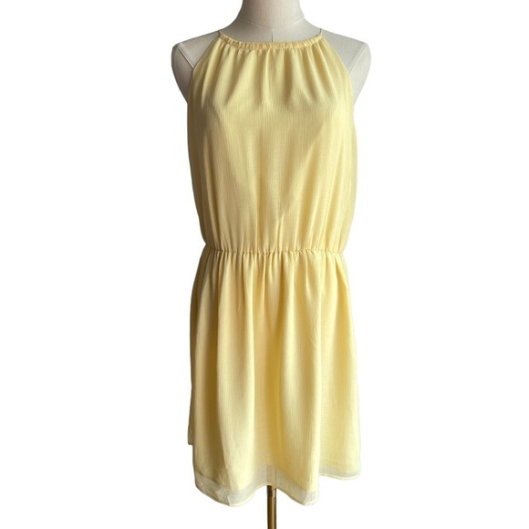 Unknown Dresses & Skirts - Lemon Yellow Chiffon Dress Sz M High Neck Knee Length Sleeveless Summer Casual